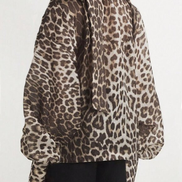 Multicolor Casual Women's Leopard Print Tie Neck Long Sleeve Loose Shirt - Picture 2 of 3